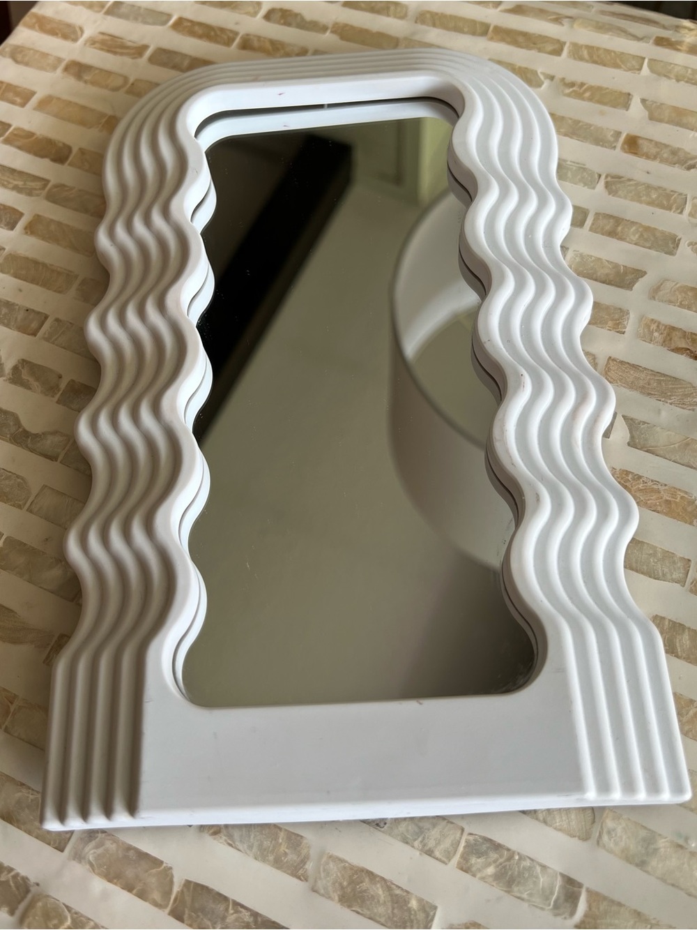 White Plastic Wave Wall Mirror - 10.25” X 6” Hangs Or Stands Makeup Teen